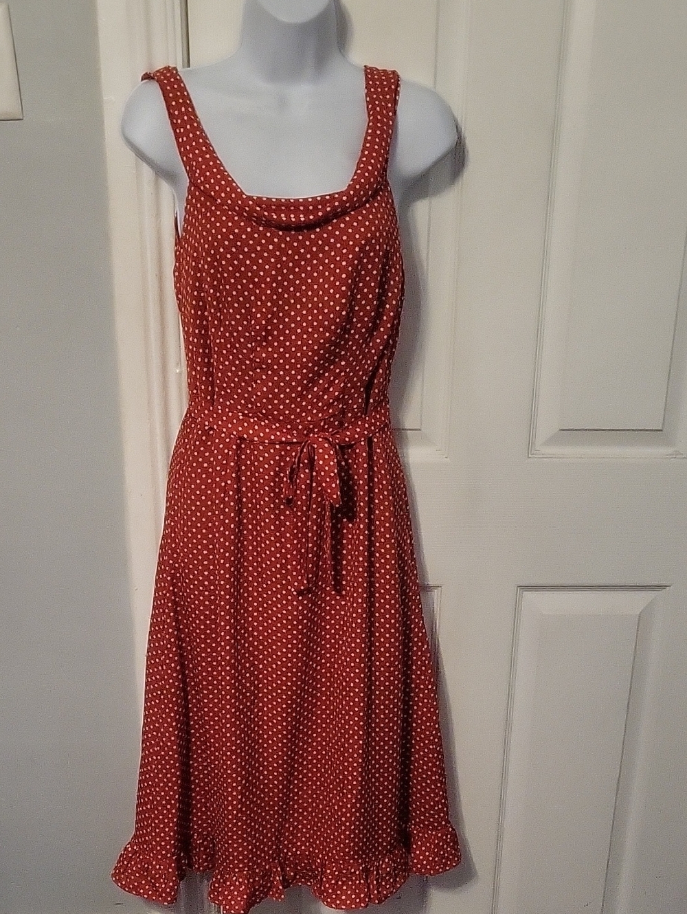 NWT Simple Retro Rust Red/Orange  Polka Dot Sleeveless Dress with Tie Waist